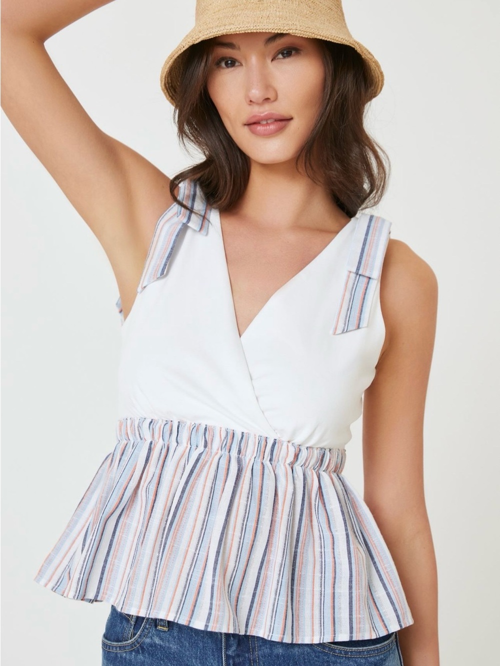 dolan White V-Neck Tie Shoulder Tank with Blue and Pink Striped Peplum